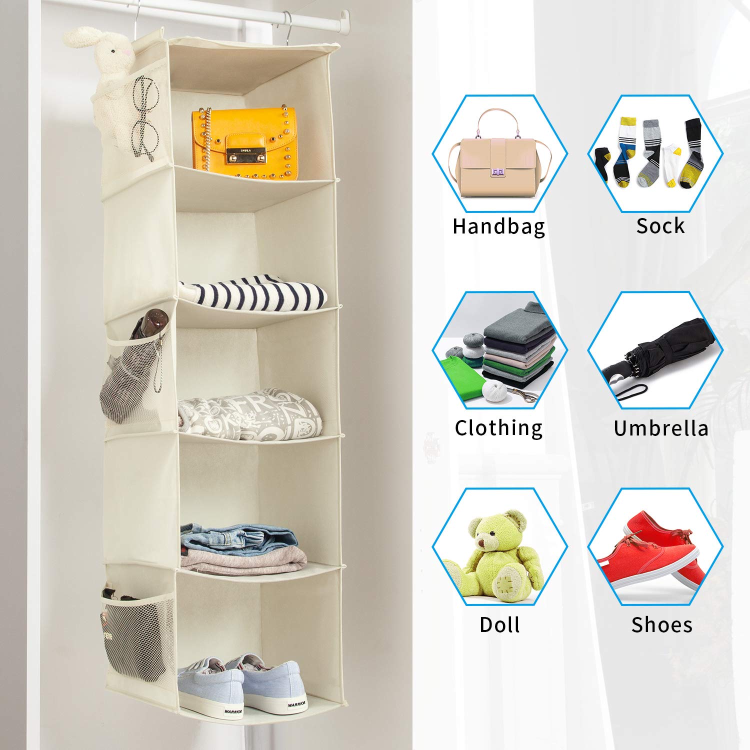 BrilliantJo Hanging Storage with 5 Shelves Wardrobe Closet Organiser, Storage Shelves Unit with 6 Pockets for Clothes - Beige(30 x 30 x 108cm)