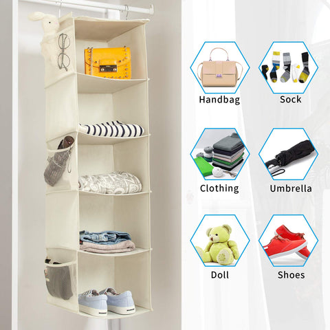 BrilliantJo Hanging Storage with 5 Shelves Wardrobe Closet Organiser, Storage Shelves Unit with 6 Pockets for Clothes - Beige(30 x 30 x 108cm)