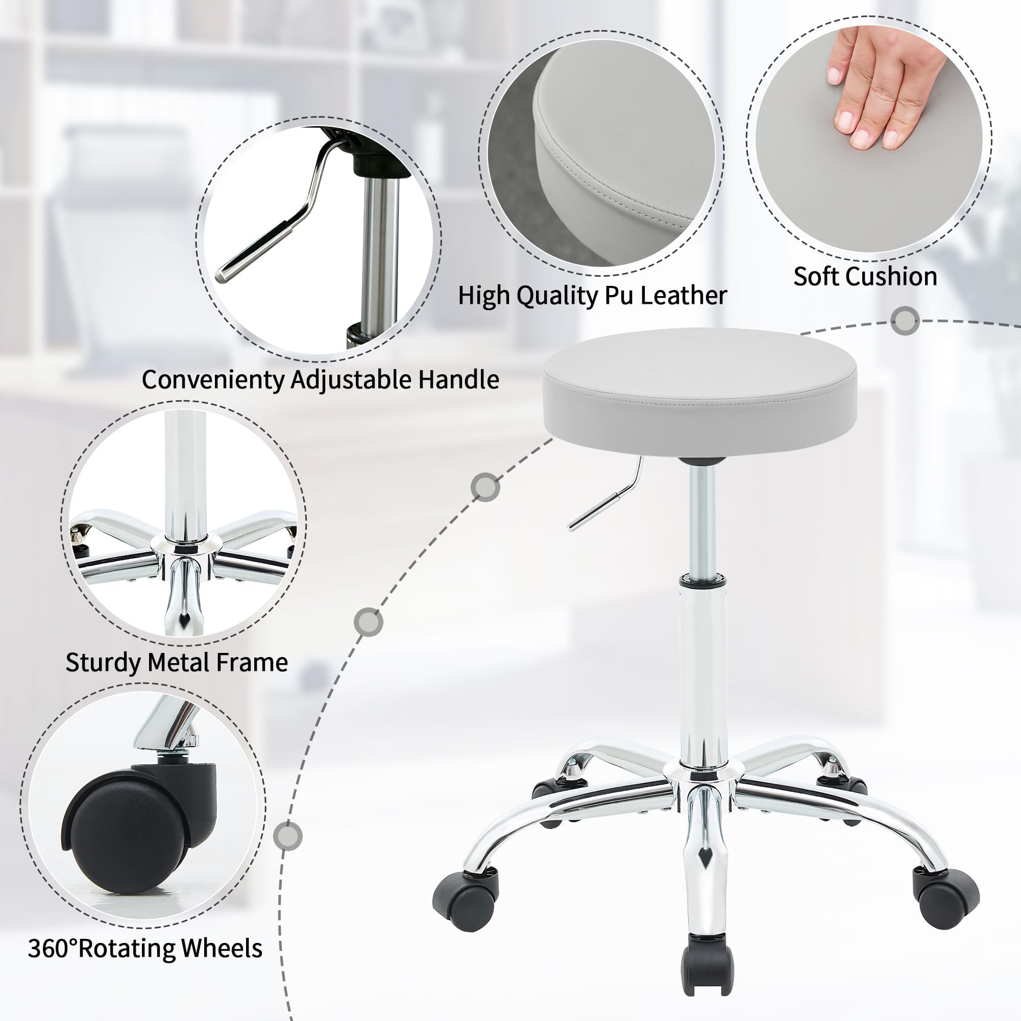 FIRAVOE Rolling Work Stool, Backless Drafting Office Chair, Swivel Height Adjustable Chair 49.5–67.6 cm