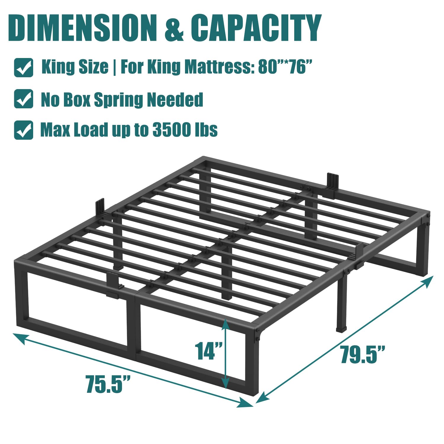 Yitong Angel 6ft Super King Bed Frame 180x200 cm - 36cm High Heavy Duty Metal Bed Frame Super King with No Box Spring Needed Platform Bed Base Noise