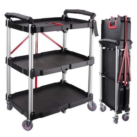 uyoyous 3-Tier Service Carts Folding Rolling Utility Cart Heavy Duty Metal Frame Tool Cart with Lockable Silent Wheels Supports Up to 200 lbs for