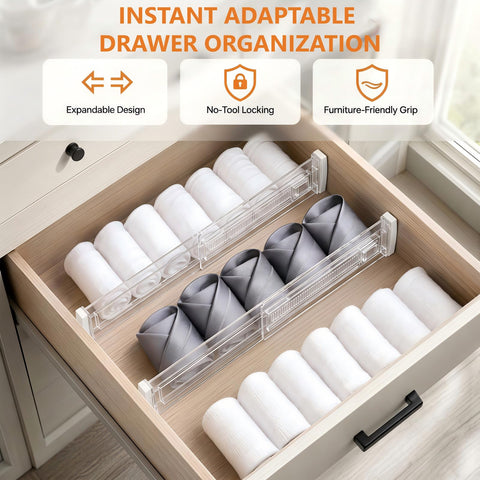 8 Pack Kitchen Drawer Dividers for Clothes, Adjustable Draw Dividers(30-52cm), Clothes Drawer Organisers for Kitchen, Bedroom, Desk, Dresser