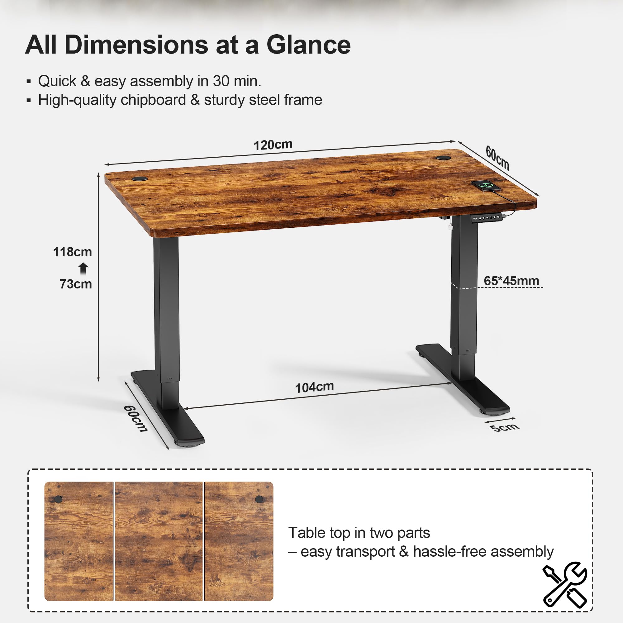 JUMMICO Electric Standing Desk 120x60cm – Height Adjustable with USB Charging, Sedentary Reminder, Memory Heights for Home Office Use, Rustic Brown