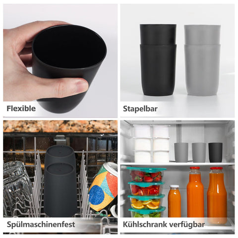 Qulable Plastic Cups Reusable Unbreakable Tumblers, Set of 4 Travel Mugs, Mouthwash Bathroom Cup Stackable, Plastic Water Cup 280ml for Adults Kids
