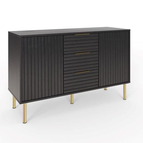 GFW Nervata Sideboard, Black Storage Cabinet with 3 Drawers and 2 Doors, Art Deco Style Sideboard with Gold Accents and Wood Grain Texture for Living