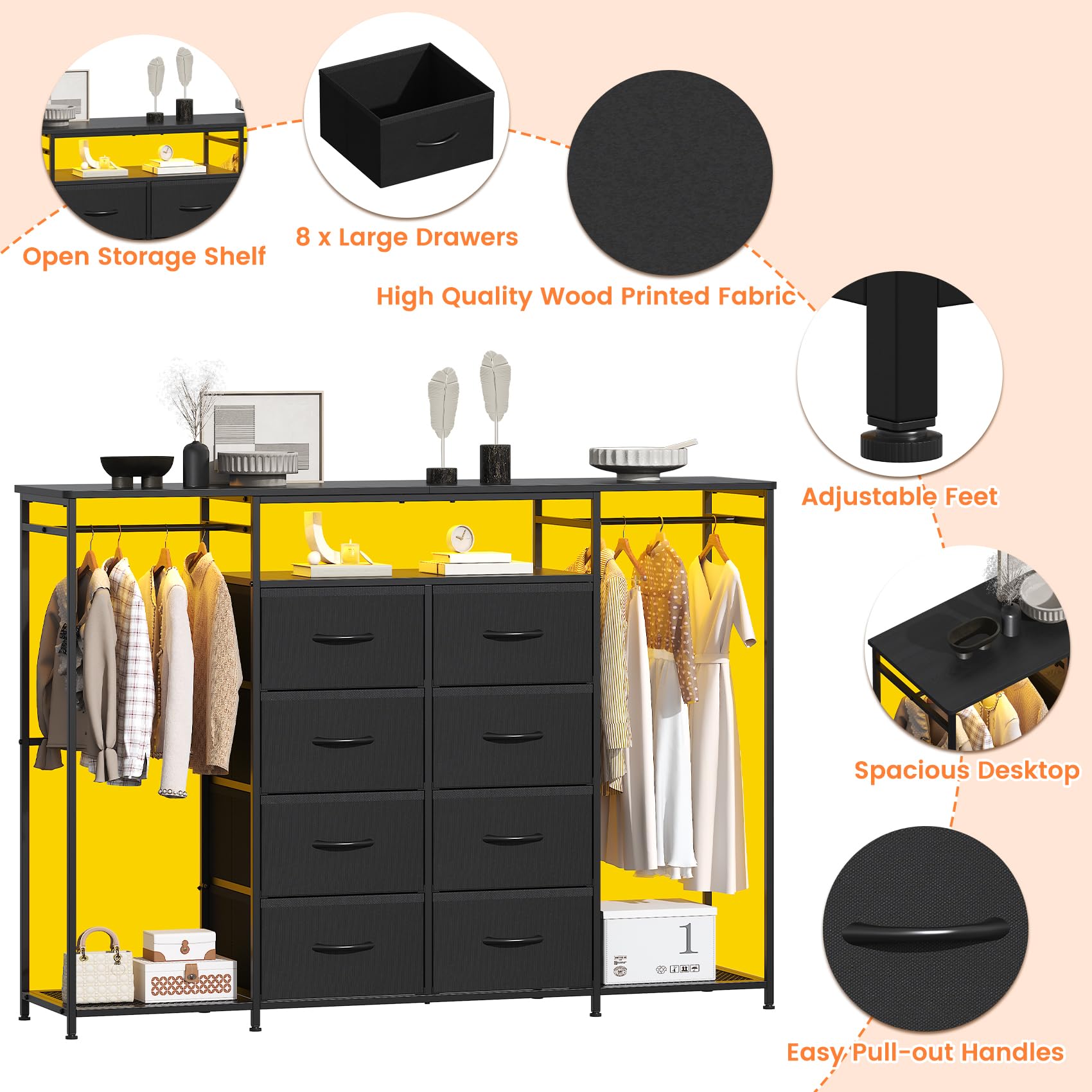 Feonase 8-Drawer Dresser for Bedroom with Hanging Rack, LED Lights, Fabric Drawers, Metal Frame & Wooden Top