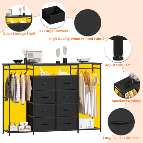 Feonase 8-Drawer Dresser for Bedroom with Hanging Rack, LED Lights, Fabric Drawers, Metal Frame & Wooden Top
