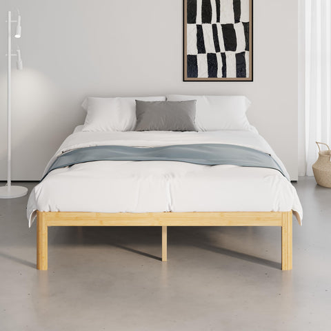 QFtime Bamboo Wood Double Bed Frame, Platform Bed Frame Double with Metal Slats Support, Easy to Install, Noise Free, Sturdy, 30.5 cm High