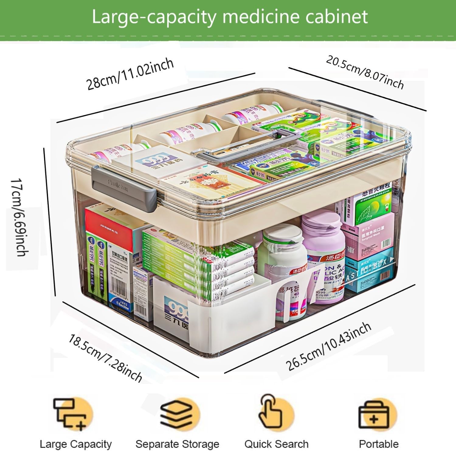 Bailonda Medicine storage, Medication Storage Box, 2-Layer Multi Grid Medicine Box, Large capacity,Household Medicine Cabinet for Home, Office, School