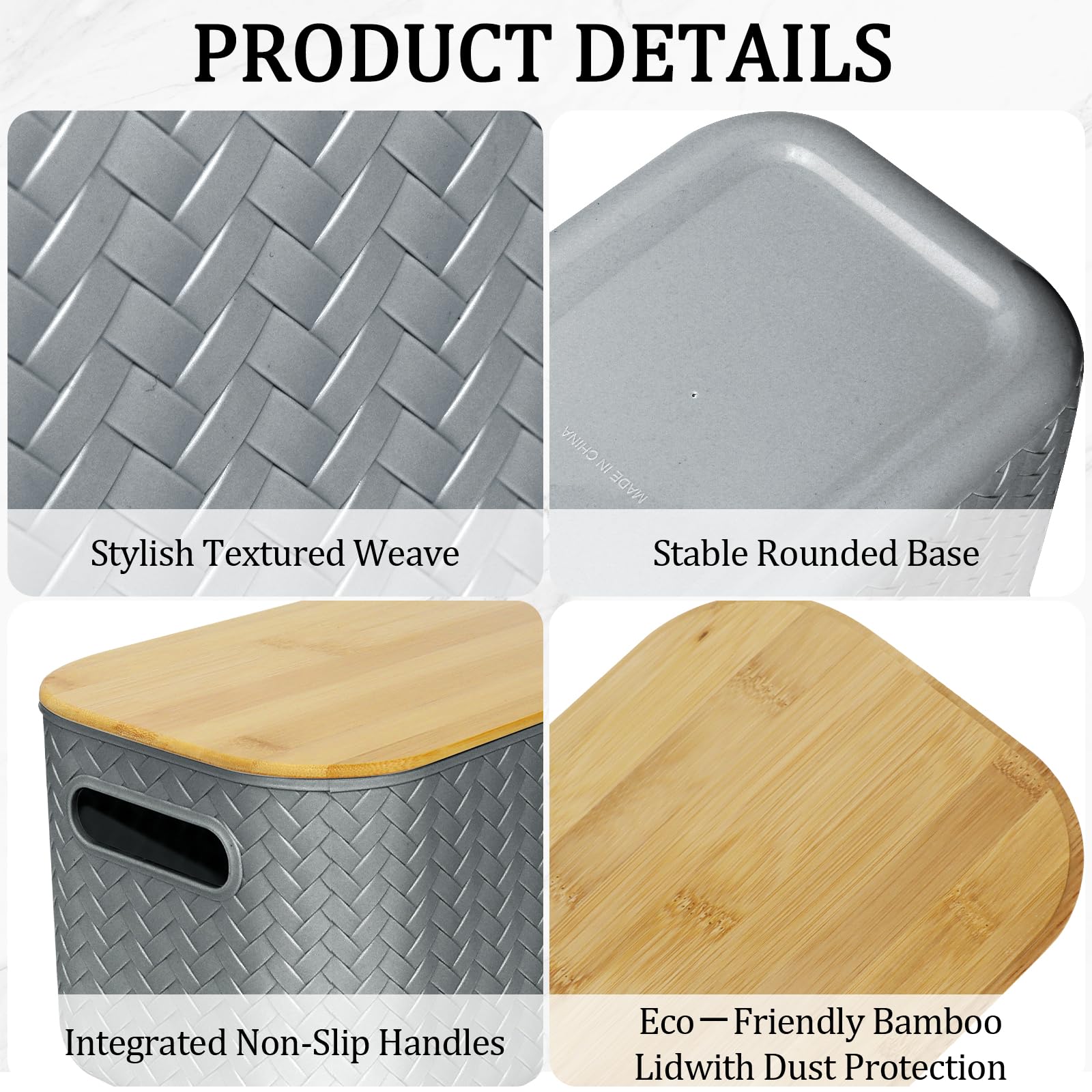 RWFMO 4 Pcs Plastic Grey Storage Baskets with Bamboo Lid for Bathroom