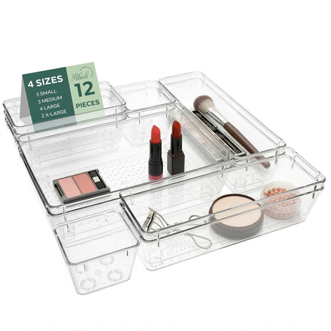 Ribech 12-Piece Drawer Organiser Set, 4 Sizes with 50 Non-Slip Dots, Stackable Storage Boxes for Makeup, Kitchen, Bathroom & Office, Crystal Clear
