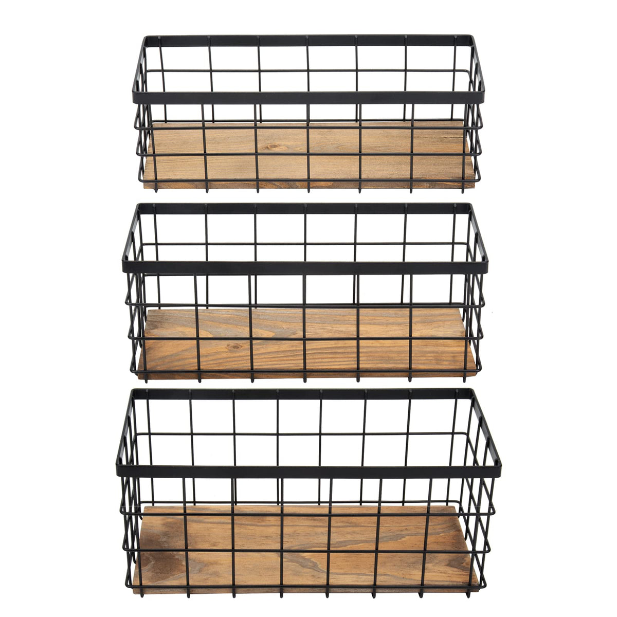 TIEYIPIN Farmhouse Decor Metal Wire Storage Baskets, Wood Base Containers Organizing Basket Caddy Bin for Kitchen Cabinets, Bathroom, Pantry, Garage