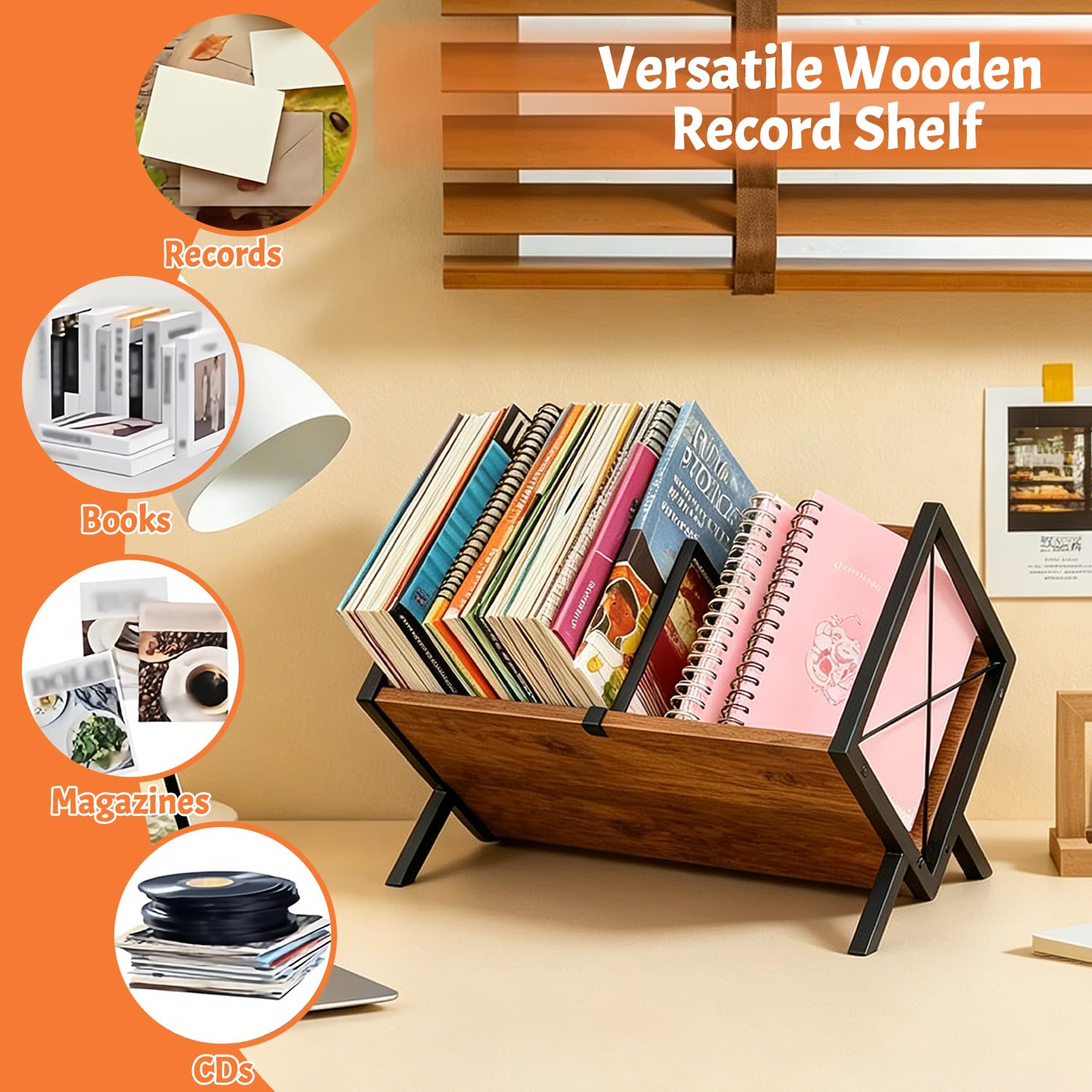 24LP Vinyl Record Storage Rack, Wood & Iron Rack with Adjustable Divider