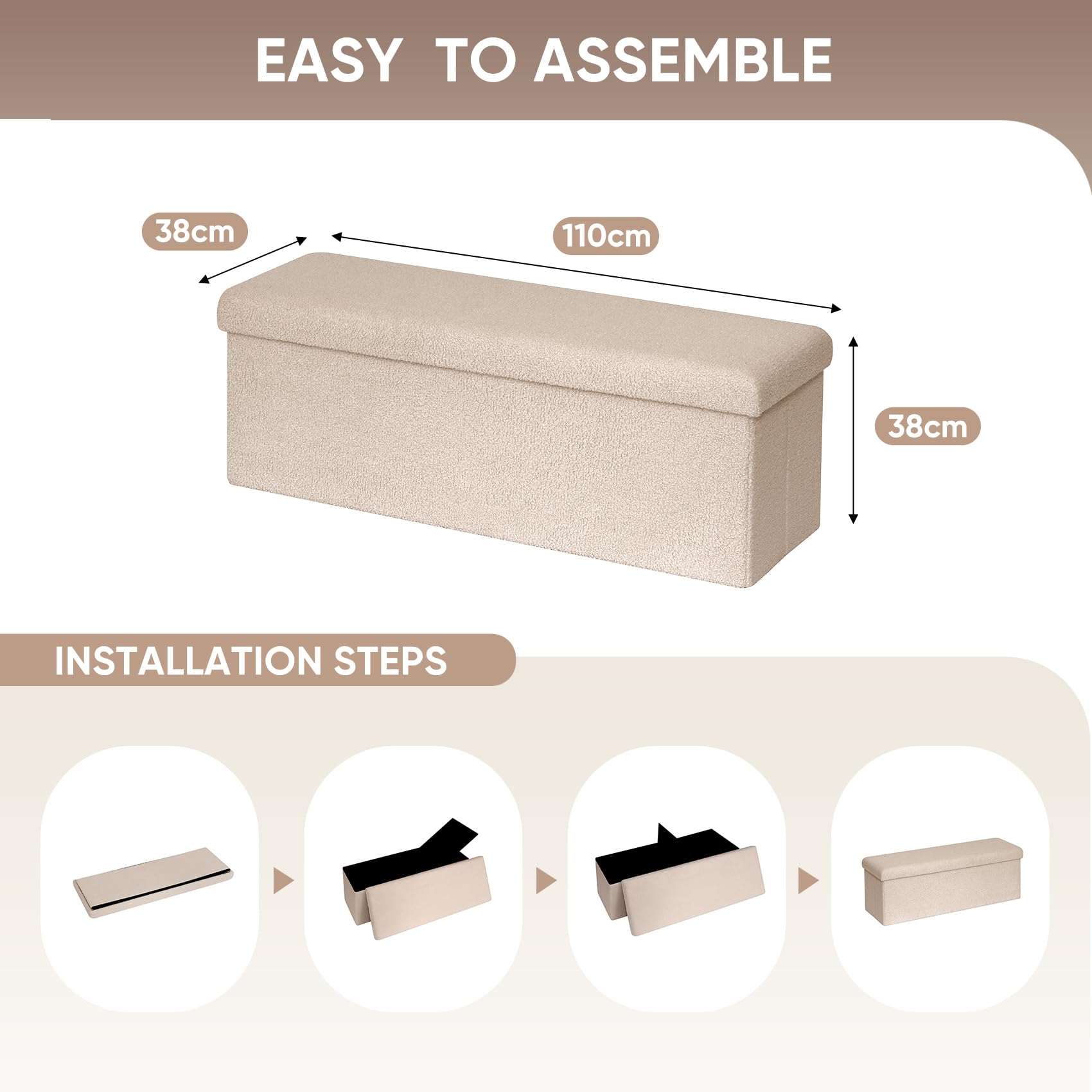 Bonlife Ottoman Storage Bench,Folding Boucle Footstool for Living Room,End of Bed Bench,Sherpa Foot Rest,140L Storage Space,Beige,110x38x38cm