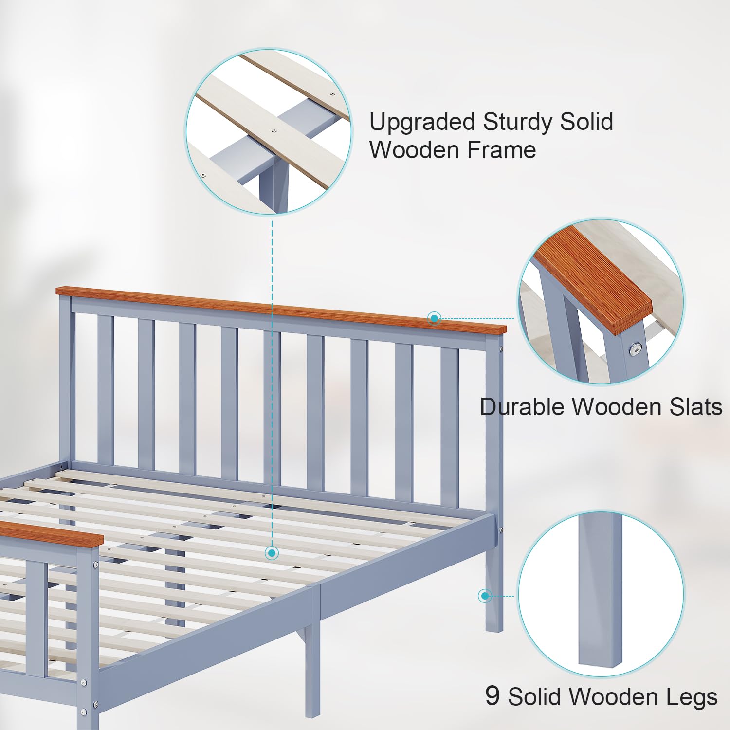 ELEGANT Double Solid Wood Bed Frame with Slatted Headboard 4ft6, 137x190cm