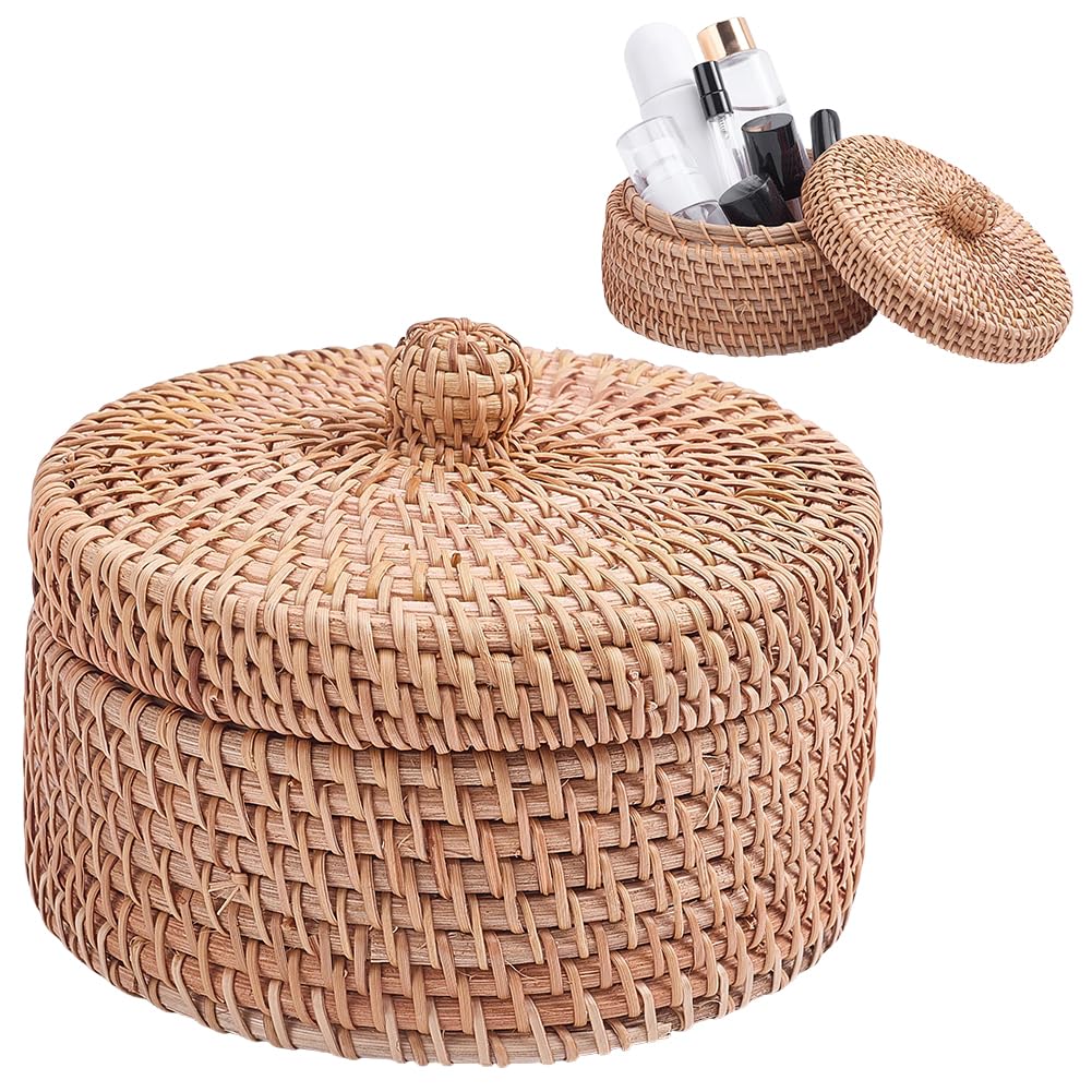 WADORN Round Rattan Storage Box with Lid, Handmade Woven Storage Basket Natural Multi-Purpose Wicker Rattan Basket Small Decorative Baskets Box for
