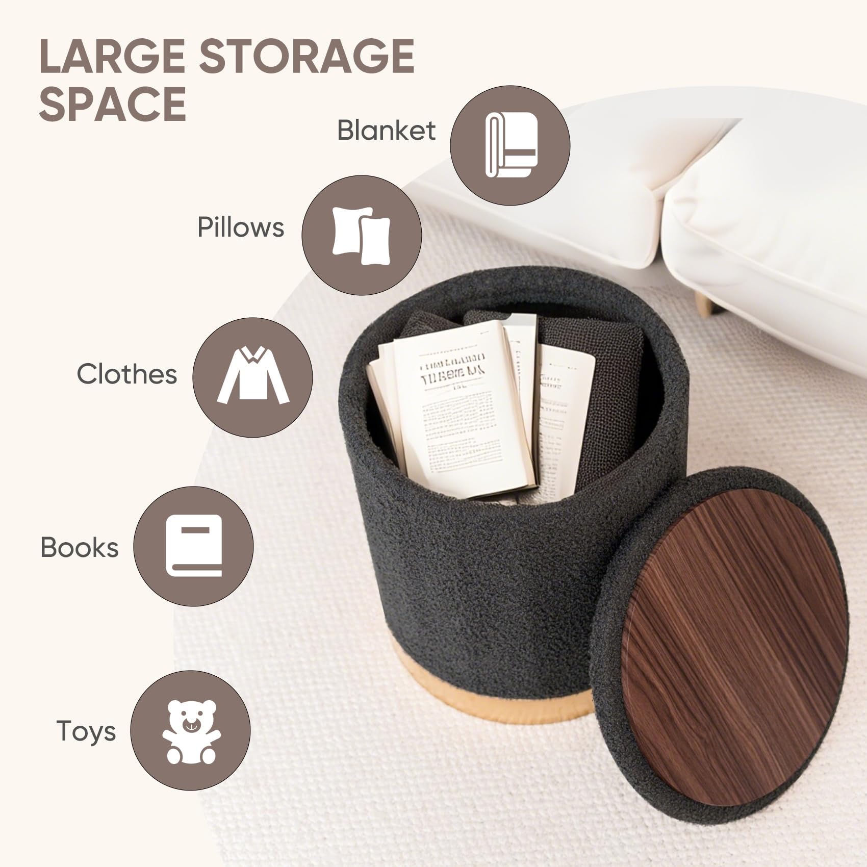 Bonlife Round Ottoman with Storage, Folding Footstool with Coffee Table
