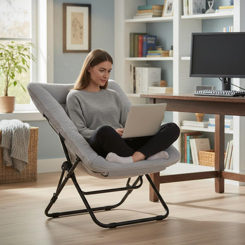 SESHINELL Comfy Saucer Lounge Chair, Oversized Foldable Faux Fur Moon Chair for Bedroom, Living Room, Dorm Rooms, Grey
