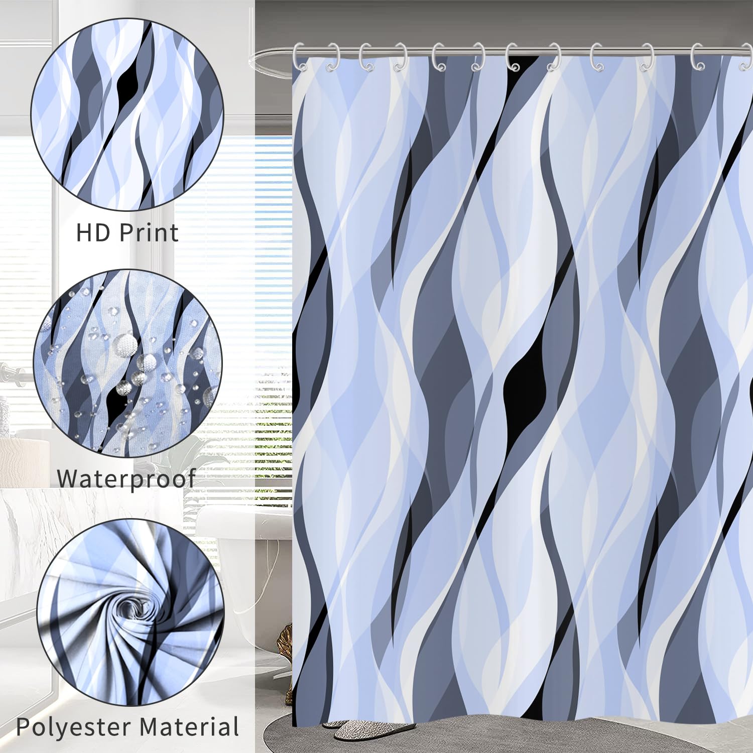 Hnmdmyi Light Blue Shower Curtain 120x180, Modern Abstract Blue and Grey Striped Bathroom Curtains with Hooks Waterproof Polyester Fabric Washable