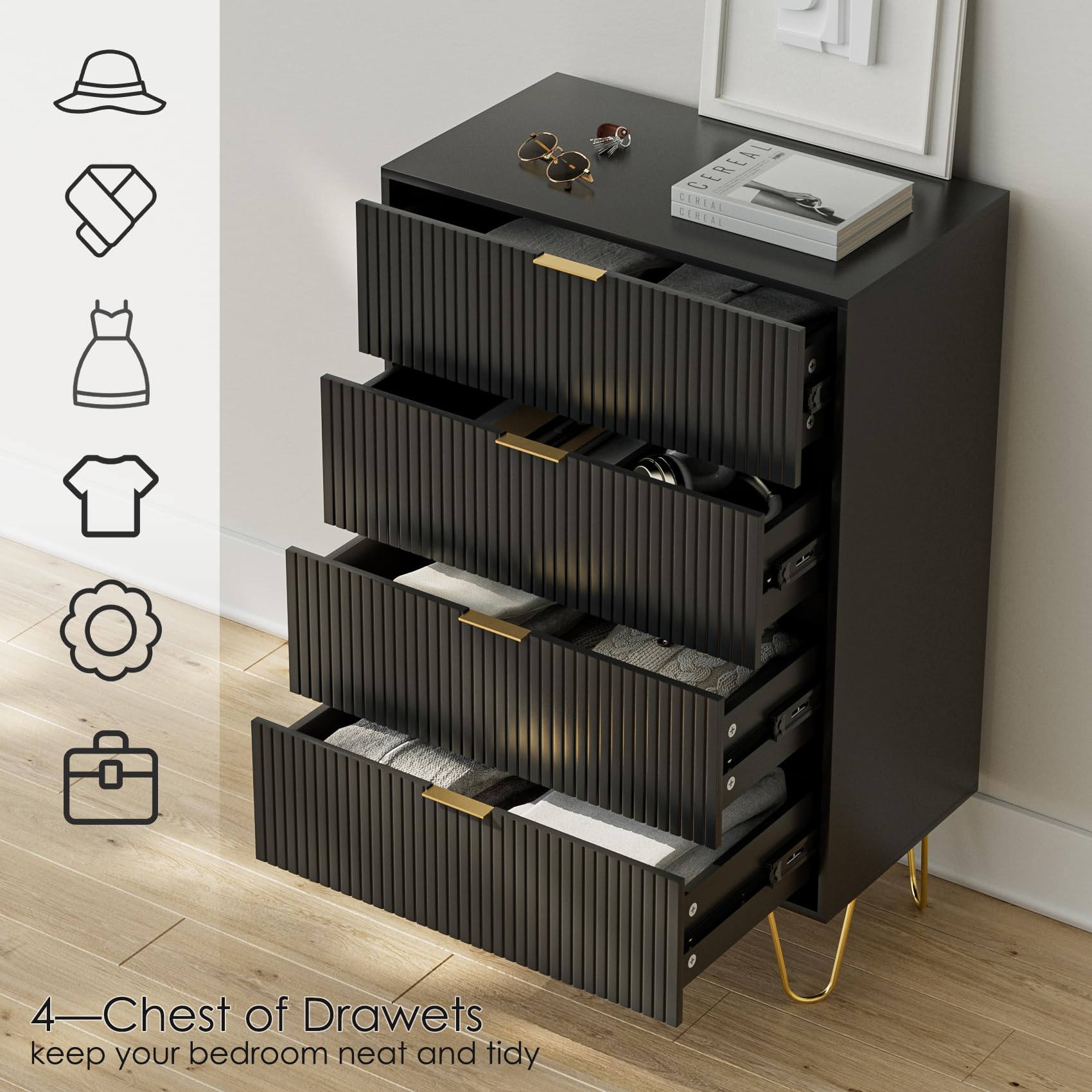 HEYZOEY Chest of 4 Drawers for Bedroom, 60x34x91cm, Wood Storage Dresser Bedroom Furniture Cabinet for Living Room,Office,Lounge,Black