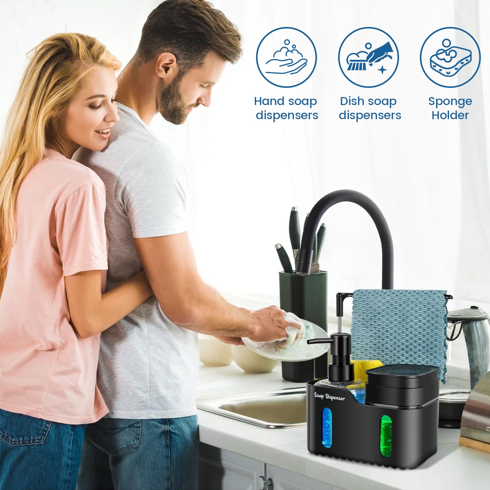 Hand Soap and Dish Soap Dispenser Set for Kitchen, Dual Soap Dispenser with Sponge Holderand Dishcloth Holder 4-in-1 Organizer for Kitchen Sink