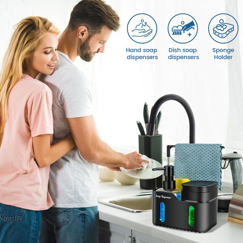 Hand Soap and Dish Soap Dispenser Set for Kitchen, Dual Soap Dispenser with Sponge Holderand Dishcloth Holder 4-in-1 Organizer for Kitchen Sink