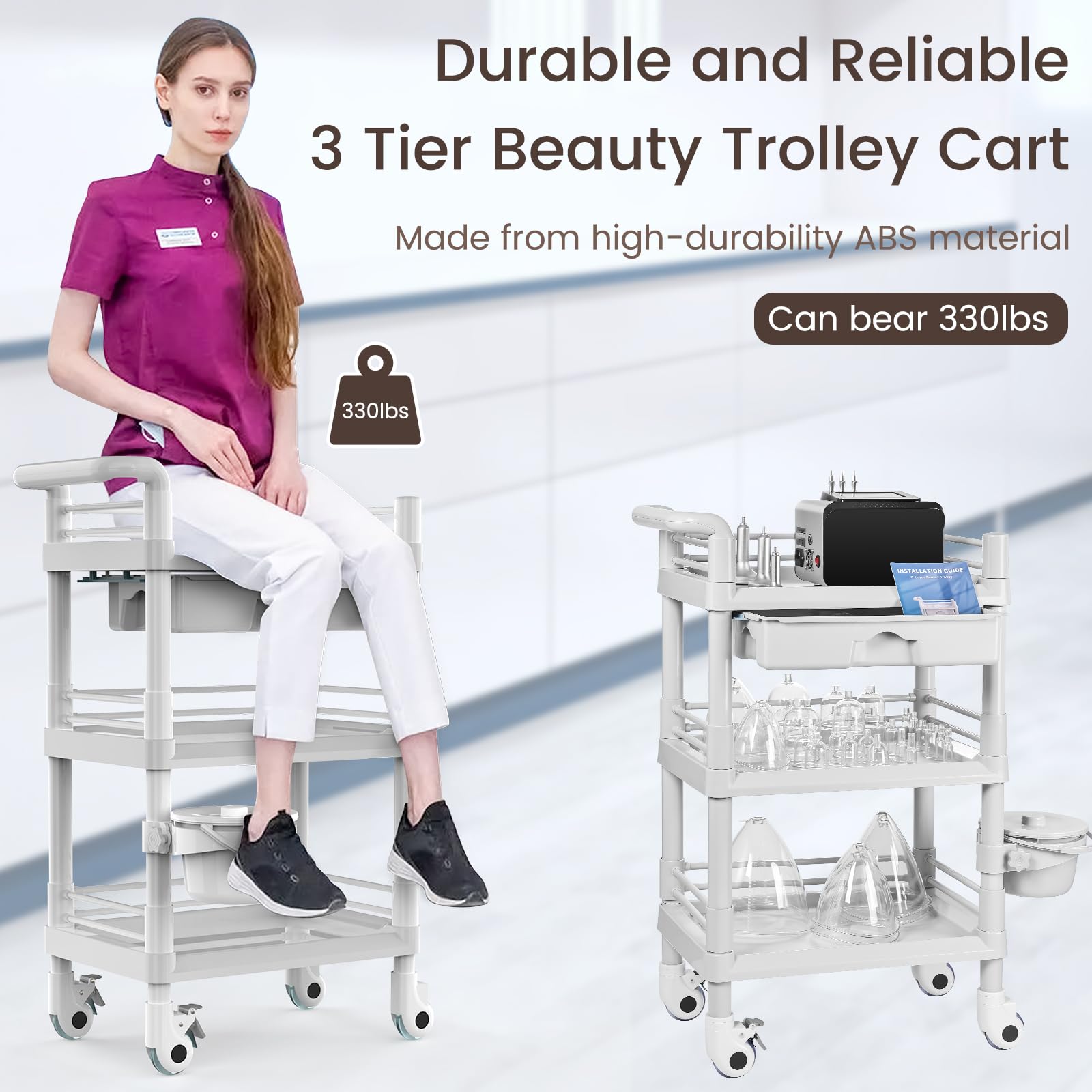 iklestar Beauty Trolley Cart, 3 Tier Trolley on Wheels with Bucket and Big Drawer