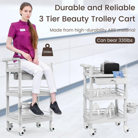 iklestar Beauty Trolley Cart, 3 Tier Trolley on Wheels with Bucket and Big Drawer