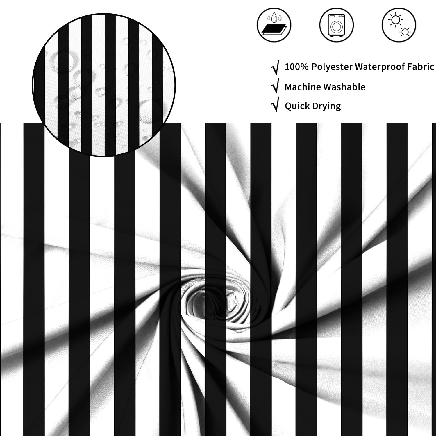 ASDCXZ Striped Shower Curtain 180x200 cm, Modern Minimalist Japanese Style Black White Vertical Stripes Waterproof Bath Curtain Polyester Textile