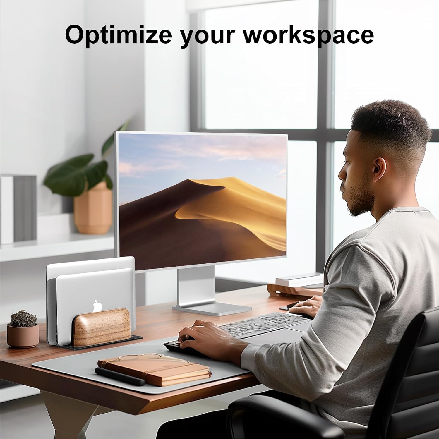 SHUOSUO Vertical Laptop Stand, Dual Slot Walnut Wood Laptop Holder for Desk, Natural Wooden & Aluminium Width Adjustable Dock for MacBook and Other