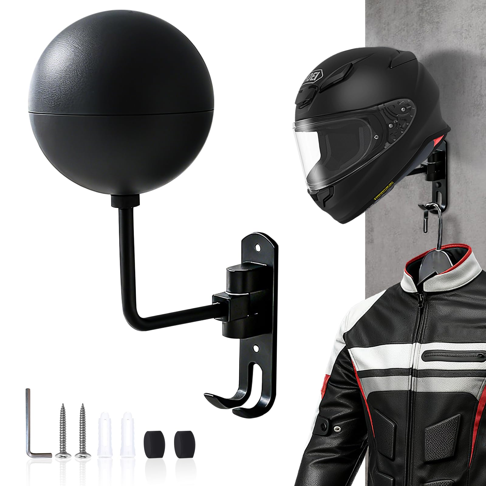 Griwuut 180° Motorcycle Helmet Rack Wall Mounted Rotatable Helmet Stand with 2 Hooks for Hard hat Handbag Coats Caps