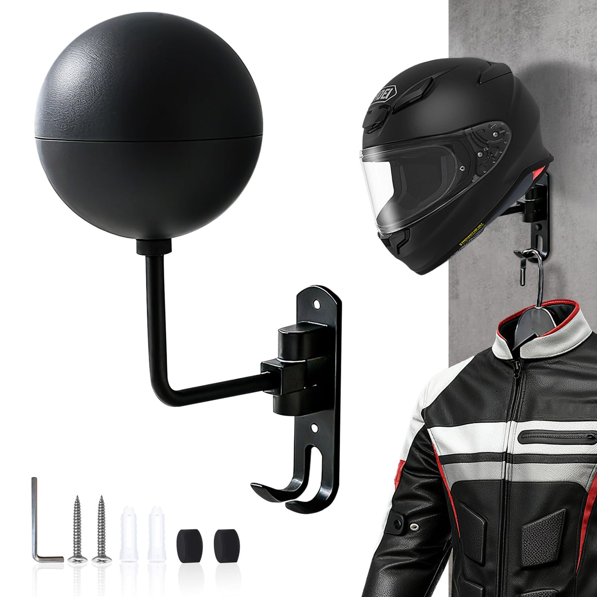Griwuut 180° Motorcycle Helmet Rack Wall Mounted Rotatable Helmet Stand with 2 Hooks for Hard hat Handbag Coats Caps