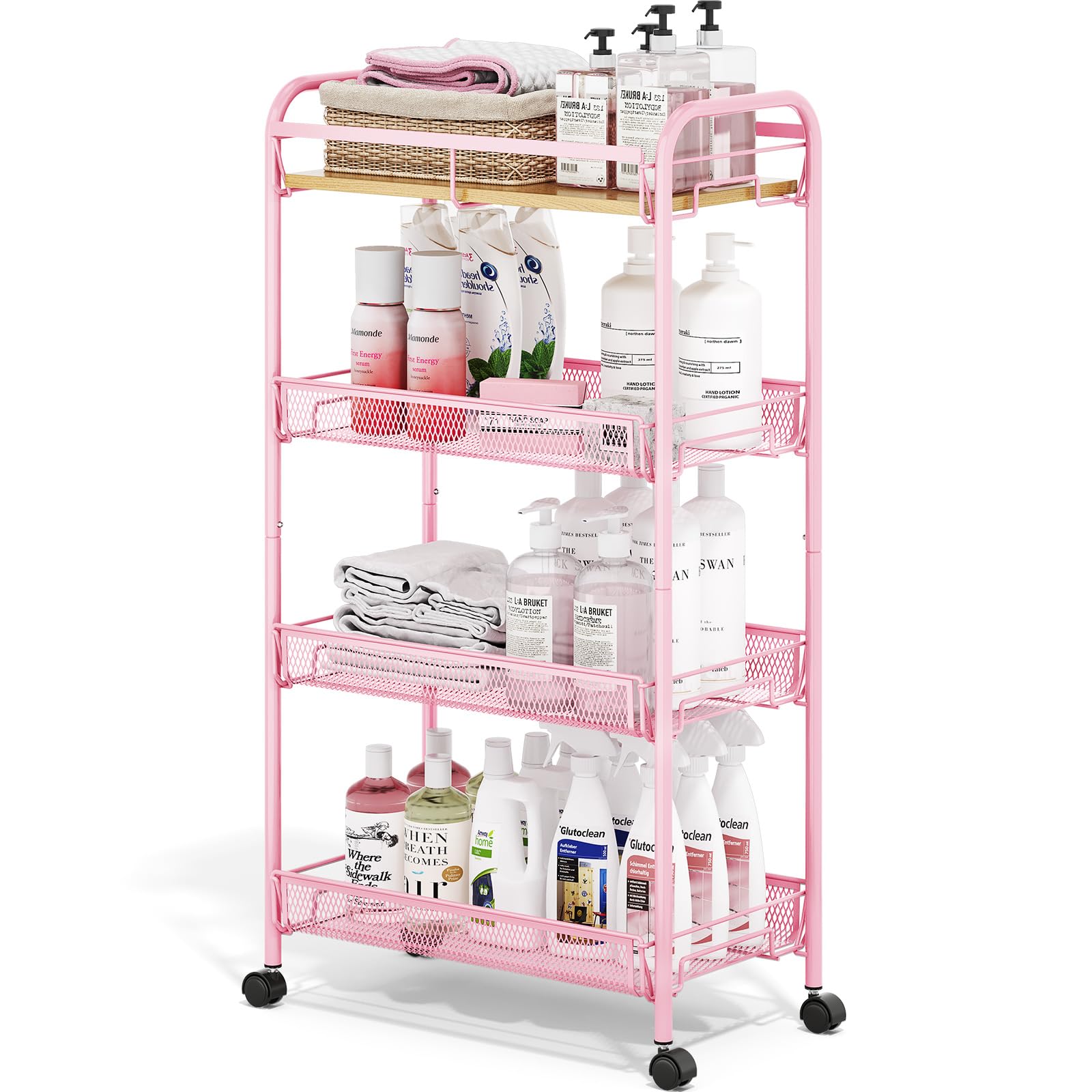 KINGRACK 4-Tier Rolling Cart with Wooden Tabletop & Mesh Baskets, Slide Out Metal Utility Cart