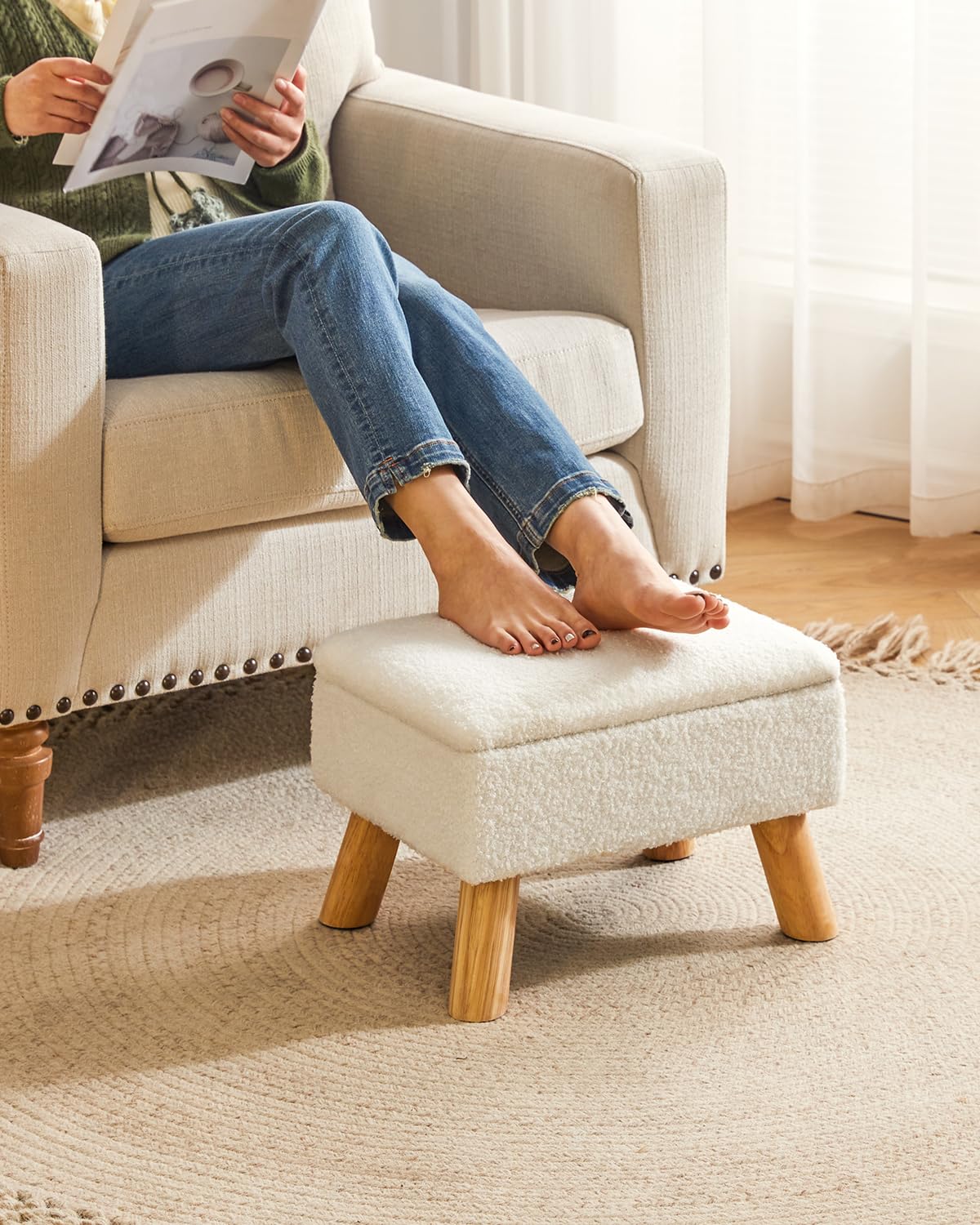 YMYNY Footstool with Storage, Small Foot Stool Ottoman with Sturdy Wood Legs Stool, Foot Rest with Padded Seat