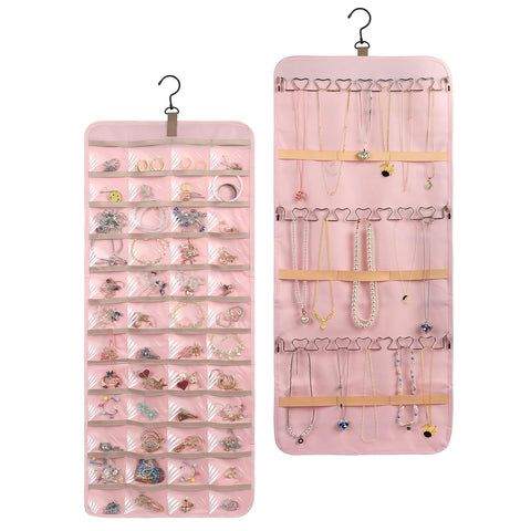 Jewelry Organizer Hanging, Dual-sided Hanging Jewelry Organizer Holder with Metal Hooks, 36 Pockets 3 Wave-Shaped Hooks