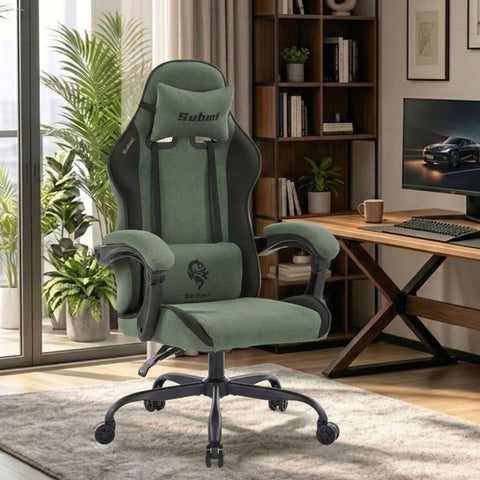 WUPY Gaming Chair, Fabric Computer Chair with Thick Cushion, Green Grey