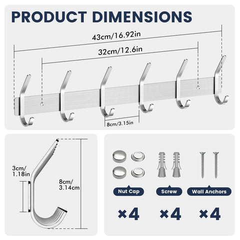 TINIFO Coat Hooks Wall Mounted - Stainless Steel Coat Rack 6 Hook for Hallway, Door (2 Pack), Silver