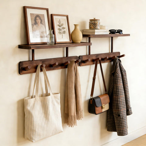 LEMIKKLE Pine Coat Hooks with Shelf, 2 Pack Coat Rack Wall Mounted