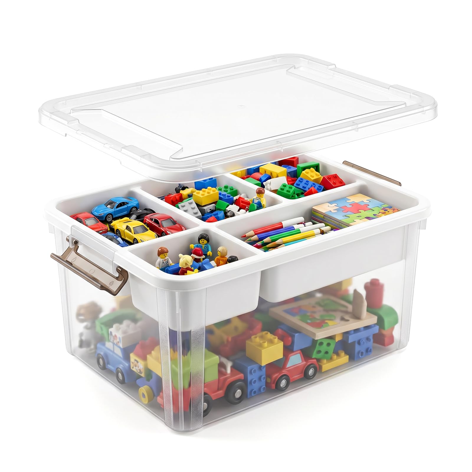 Stidyzo Craft Storage 5 Compartment Removable Tray with Gray Handle, Clear Storage Box with Lid, Stackable Craft Box for Art Supplies, Beads