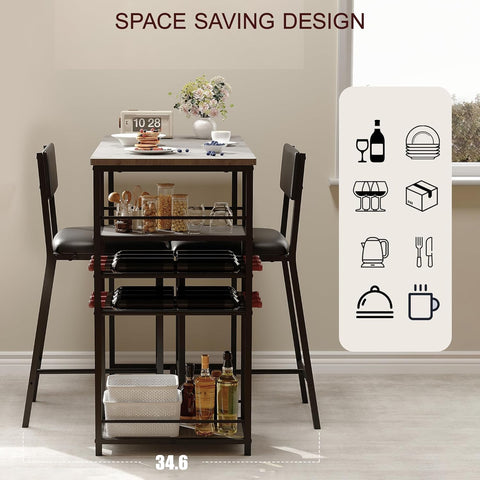 Techigher Bar Table Set, Dining Tables with 2 Upholstered Chairs, 3 Piece Counter Height Kitchen Table Set with 2-Tier Storage Shelves & 2 Wine Racks