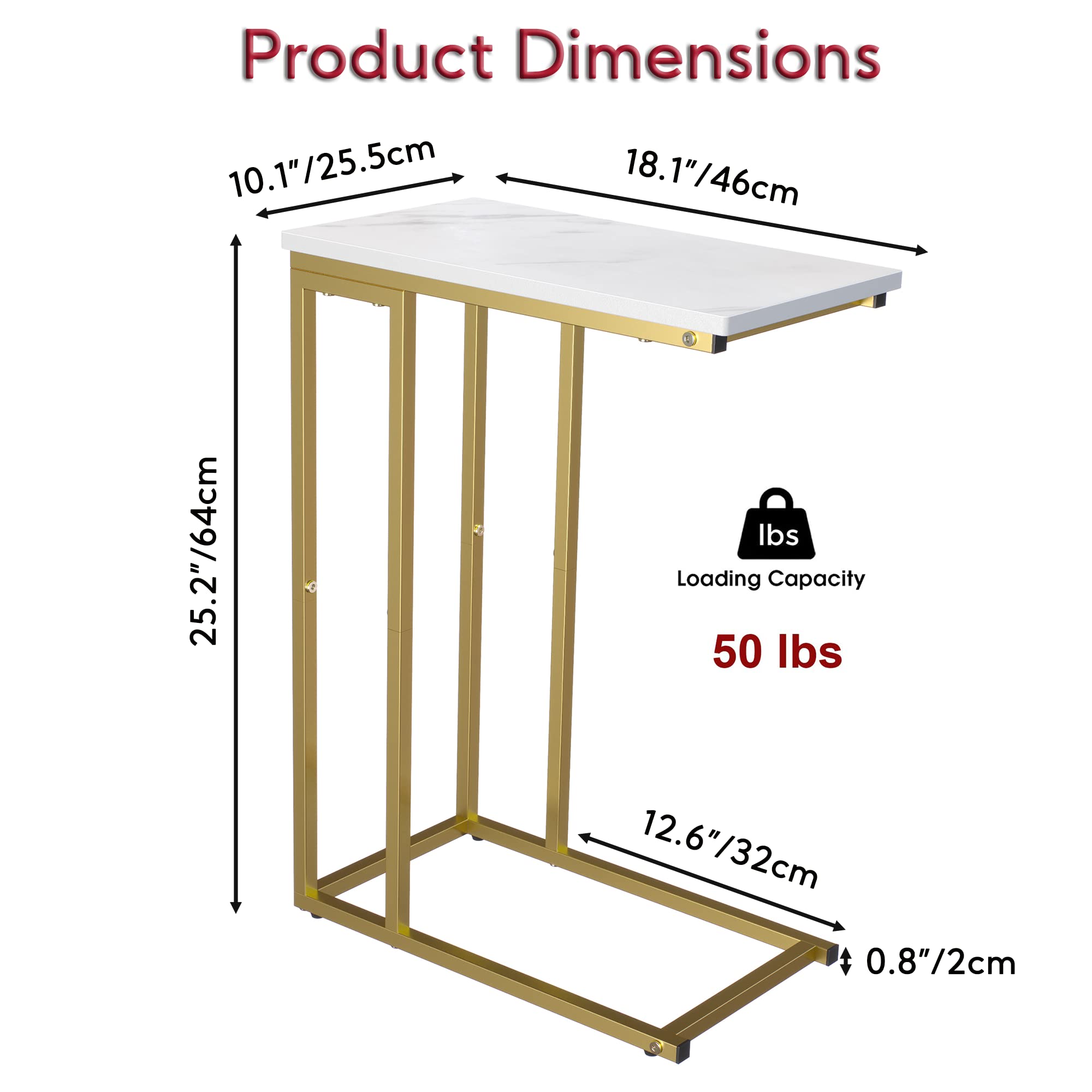 Yusong Small C Shaped End Table, Slim Narrow Couch Side Tables Slide Under Sofa Bed