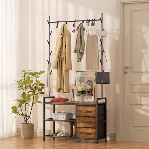 Free Standing Coat Rack Rustic Hall Tree Bench 33"x12"x69.3" Rustic Brown