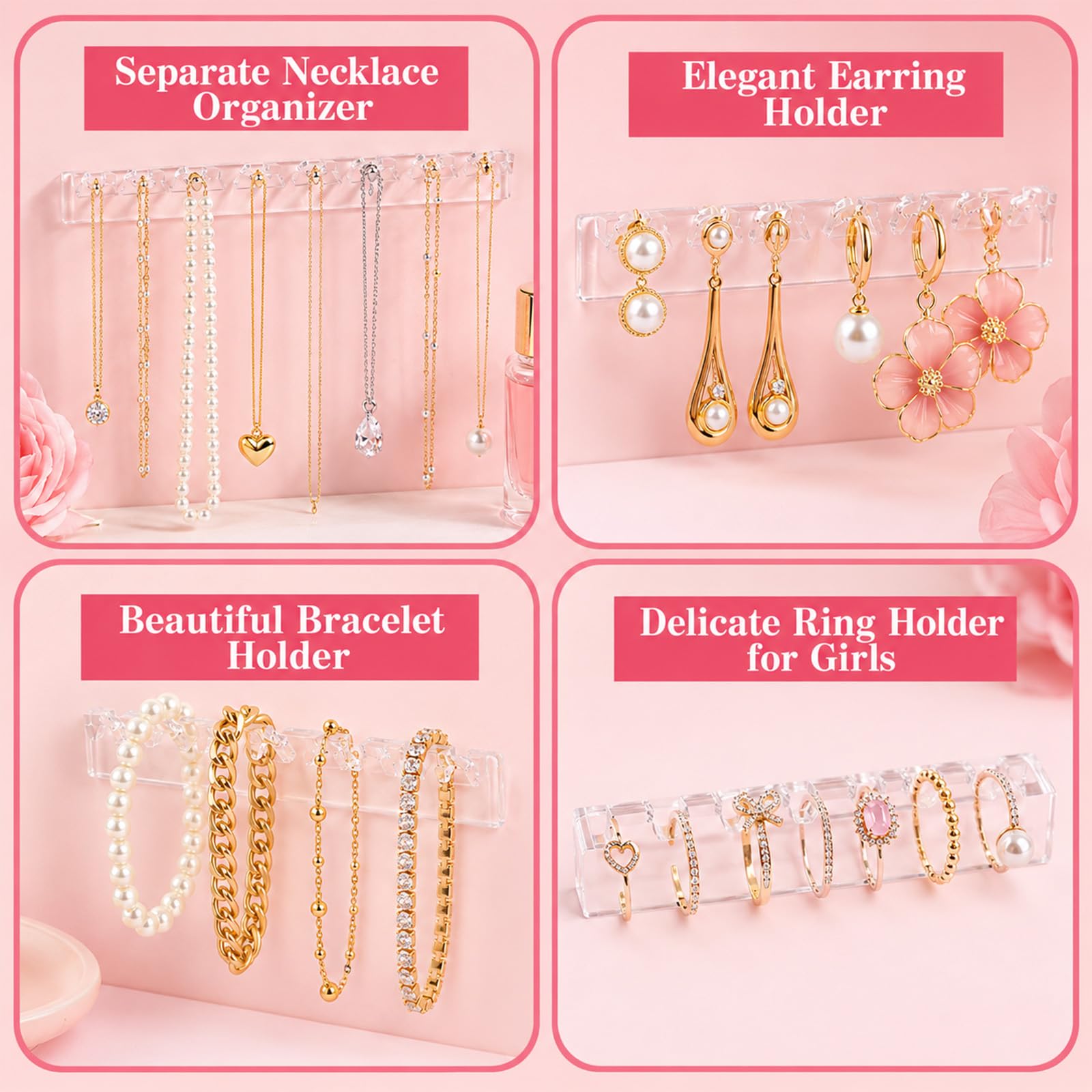 12Pcs Necklace Holder Wall Mounted, Acrylic Necklace Organizer with 8 Hooks