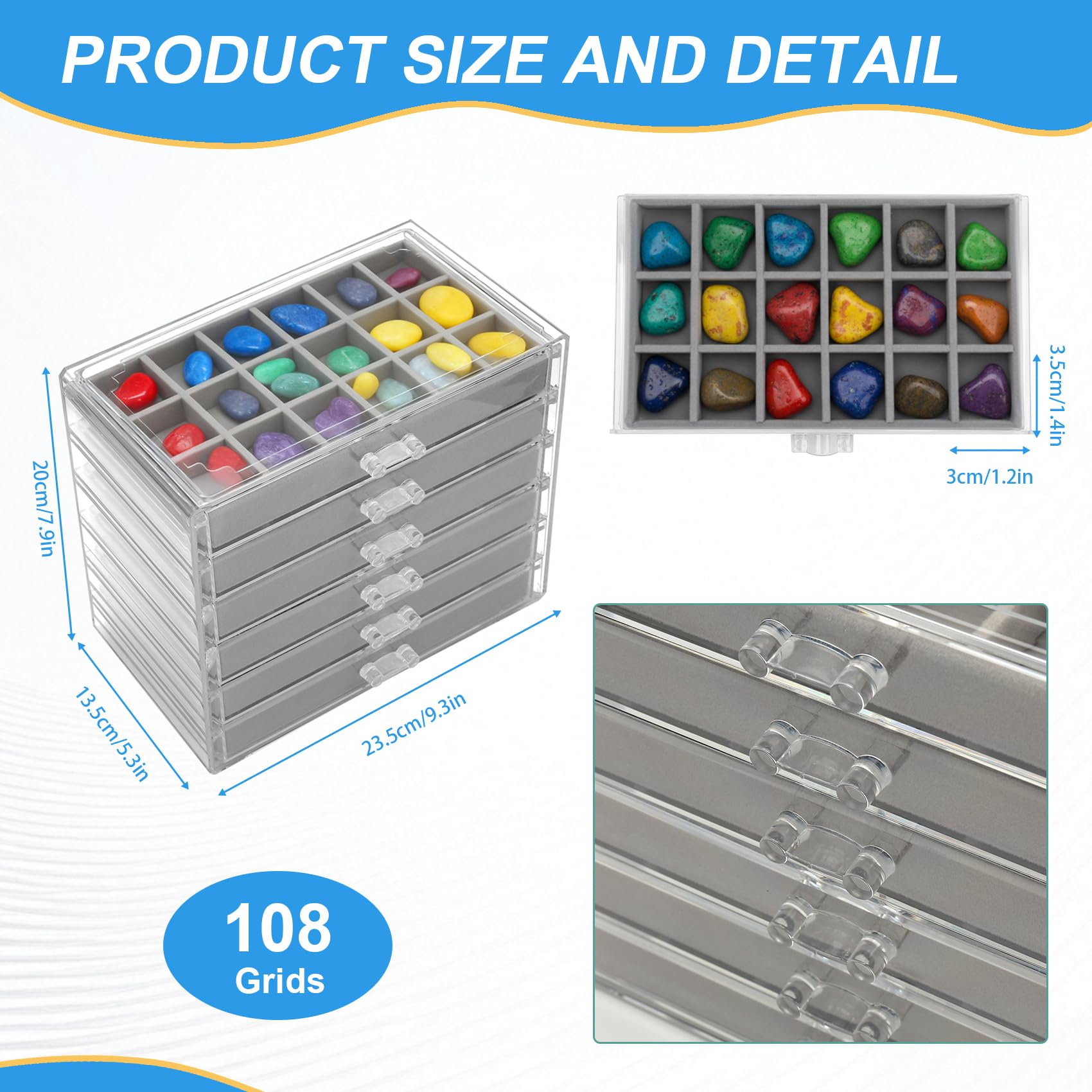 Juwacoo Rock Display Case, 6 Drawers 108 Grids Crystal Storage Box, Rock Collection Box, Acrylic Gemstone Box, Storage Stone Cases
