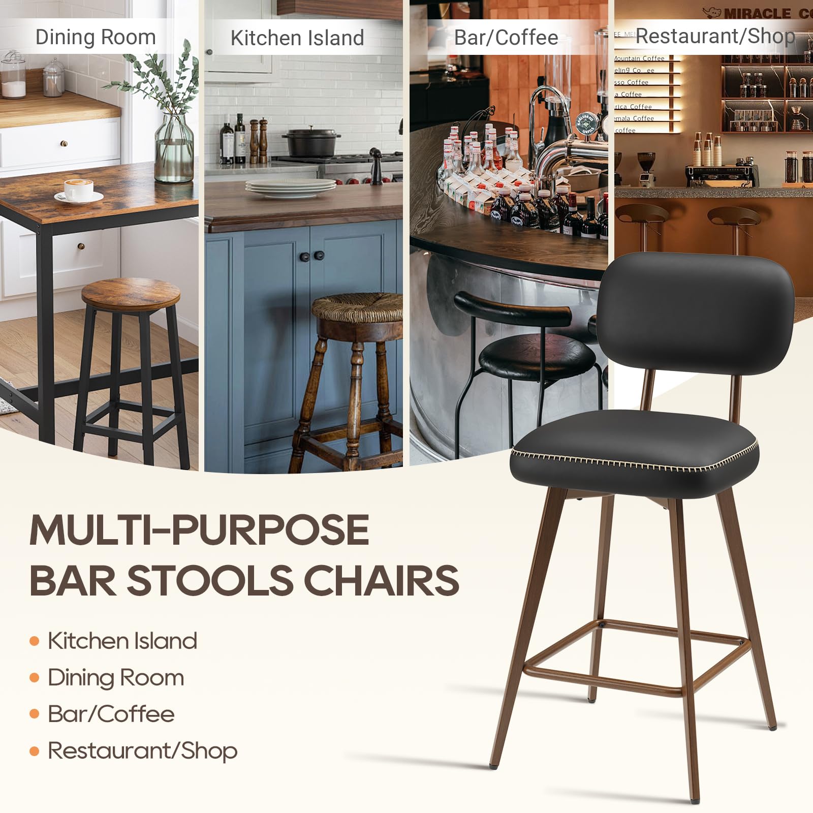MALOL PU Leather Breakfast Bar Stools Set of 4, Swivel Kitchen Bar Chairs with Backrest and Metal Legs