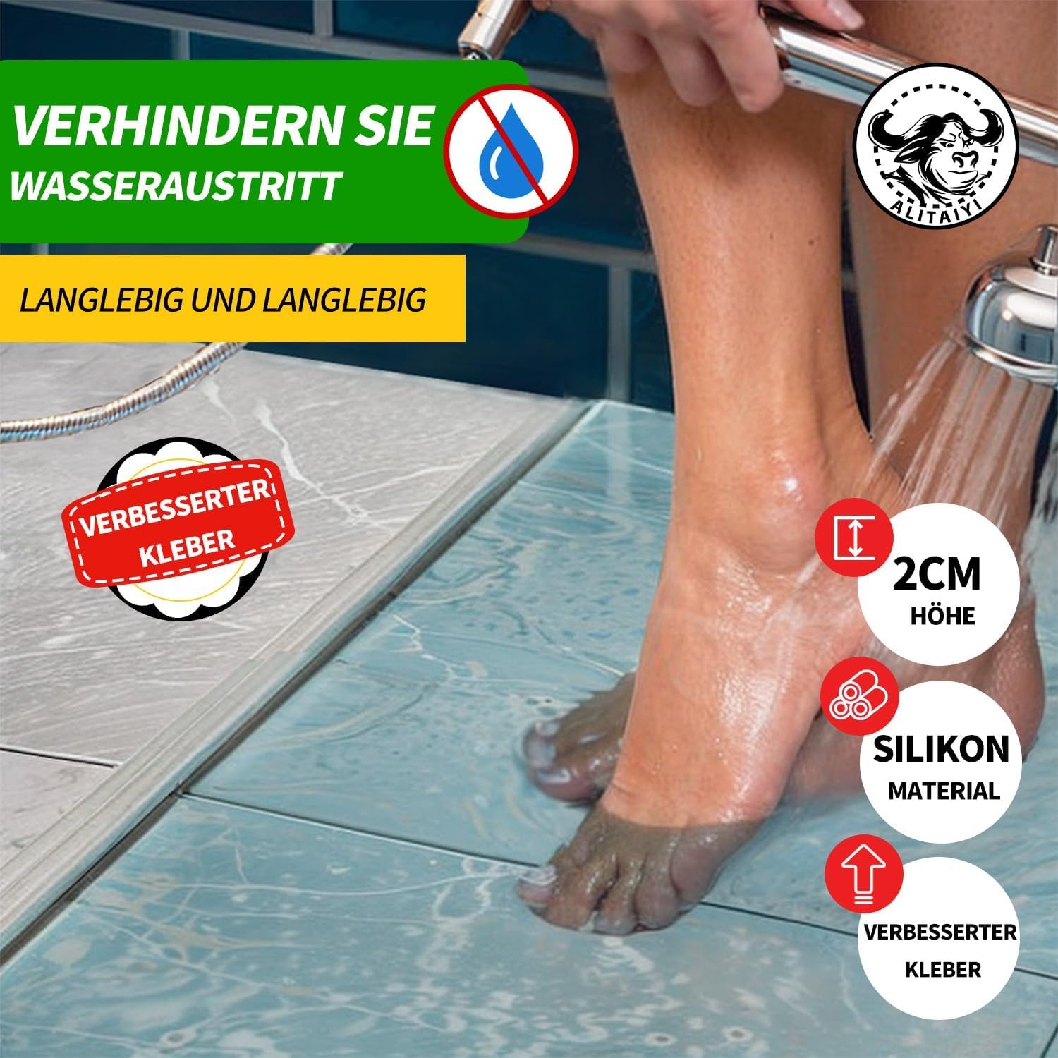 ALITAIYI wet room floor barrier for shower,Self-Adhesive shower threshold water barrier,Collapsible silicone shower tray sealing strip water