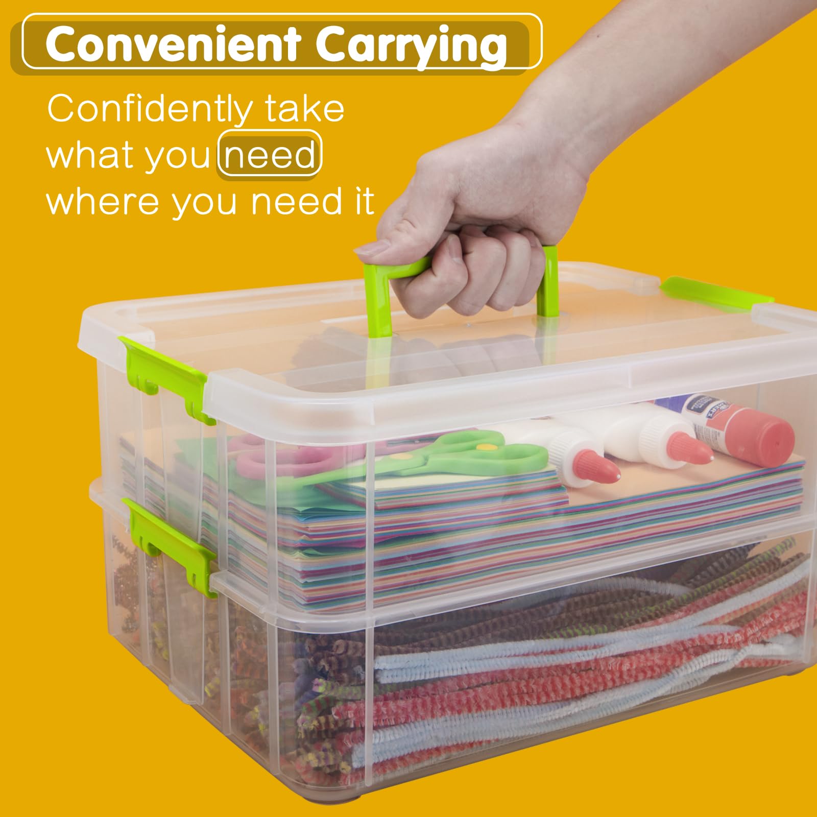 Creahaus 2 Layer Plastic Storage Containers with Lids, Multipurpose Clear Stack & Carry Box