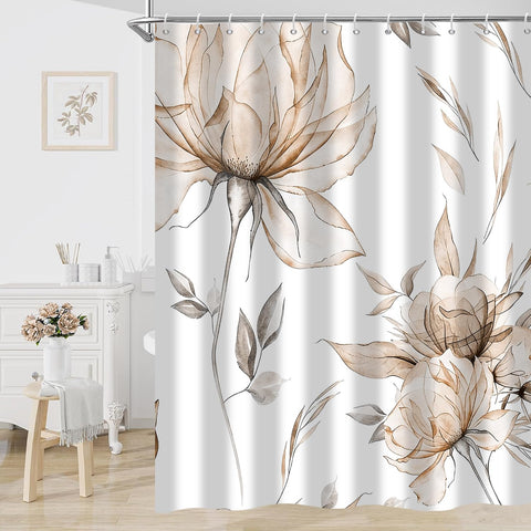 Hnmdmyi Watercolor Floral Shower Curtain 180x200, Brown Boho Flower Leaf Modern Minimalist Aesthetic Art Bathroom Curtains Waterproof Polyester