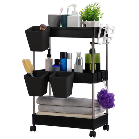 DOEWORKS Storage Trolley Cart, 3-Tier Storage Cart with Wheels Rolling Utility Cart with Hanging Cups Multi-Purpose Storage Shelf Rack for Kitchen