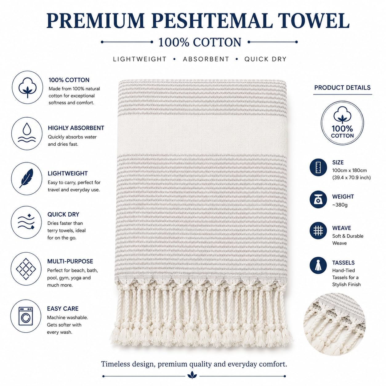 Babila Turkish Hammam Peshtemal Towel | Lightweight & Quick-Drying & Absorbent | Turkish Travel, Spa & Beach Towel | Soft, Compact & Versatile
